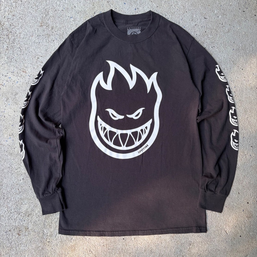 Y2K Styled Spitfire Wheels Bighead Long Sleeve Skate T-Shirt Black Mens Small